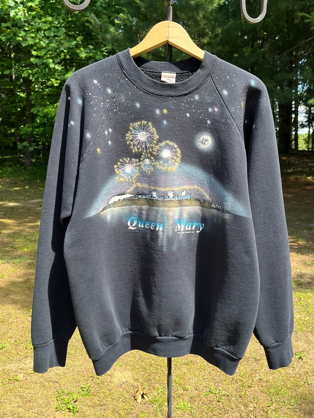 1980 RMS Queen Mary Ship Fireworks Raglan Sleeve Crewneck Sweatshirt Size XL